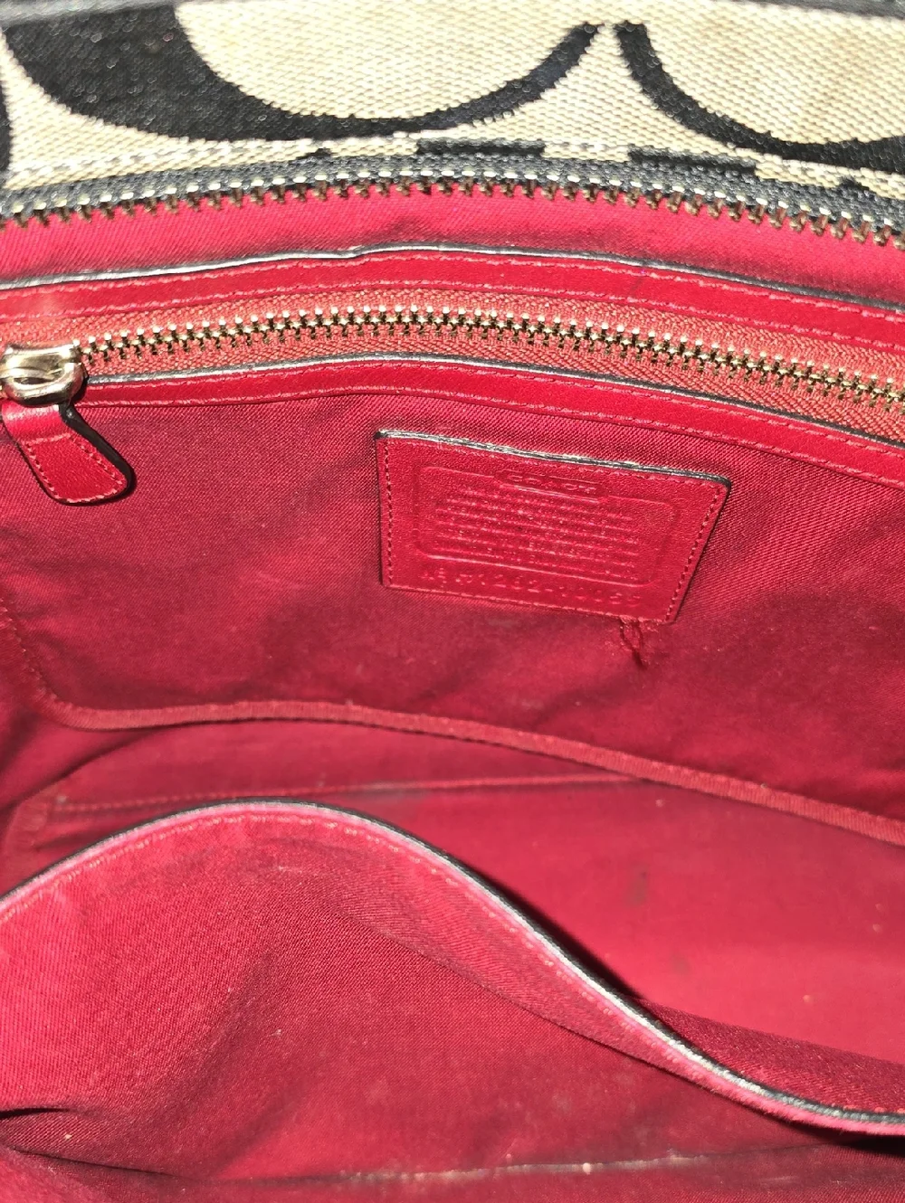 Coach Canvas Shoulder Bag in Red, Tan, Cream & Black. 14'W × 11' Tall.